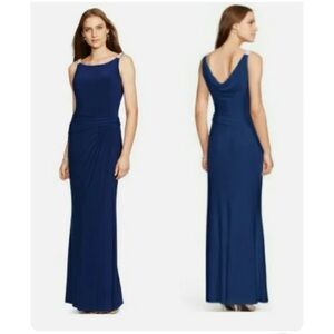 Lauren Ralph Lauren Evening Gown Jersey Knit Navy Blue 16 Beads Silver High Neck